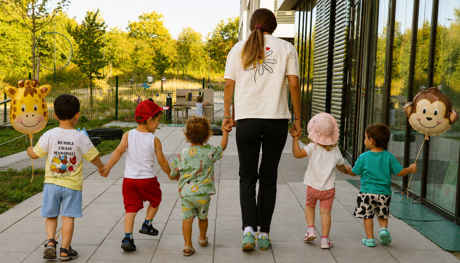 Balade des enfants avec leur éducatrice à Kids' Island